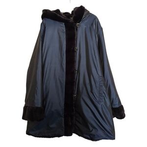 Vintage Dennis Basso Navy Faux Fur Reversible  Hooded Coat
